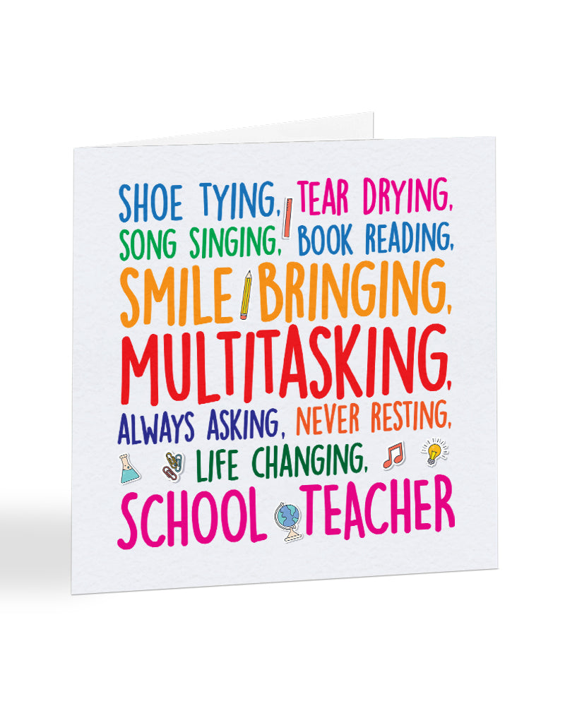 Shoe Tying Tear Drying School Teacher - Back to School Teacher Card - Teacher Greetings Card - A1081
